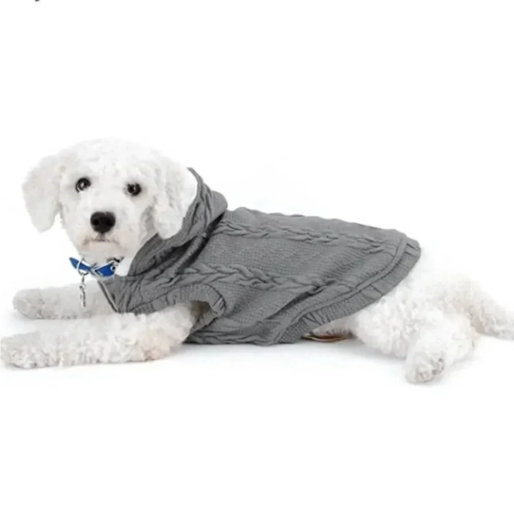 NWOT GREY W WHITE FUR LINED CABLE KNIT SWEATER WITH HOOD FOR DOG SIZE XS